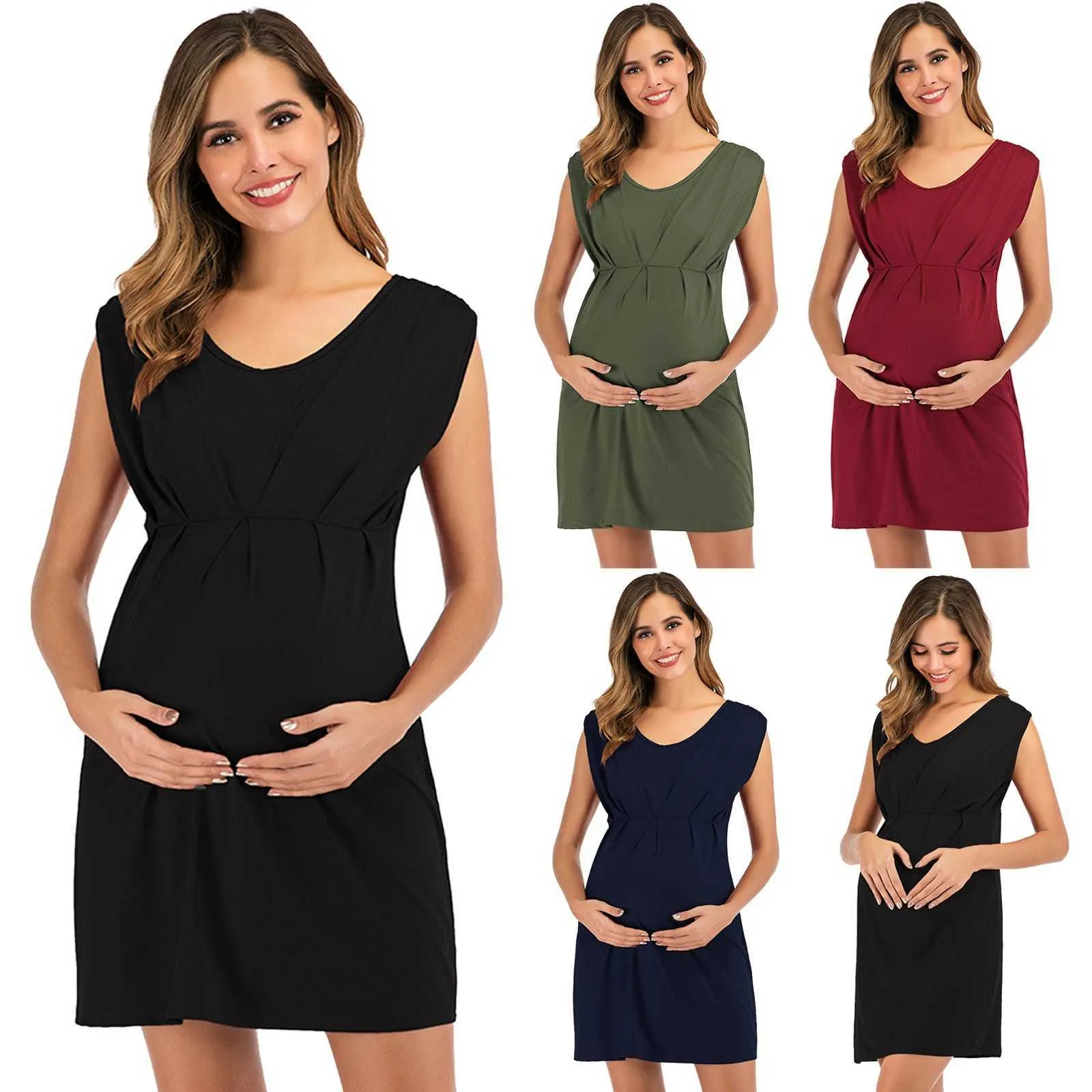 40 # Vestidos de cuello redondo para mujeres embarazadas Maternidad Embarazo Sin mangas Vestido de color sólido Vestidos de maternidad Kobieta Sukienka Q0713