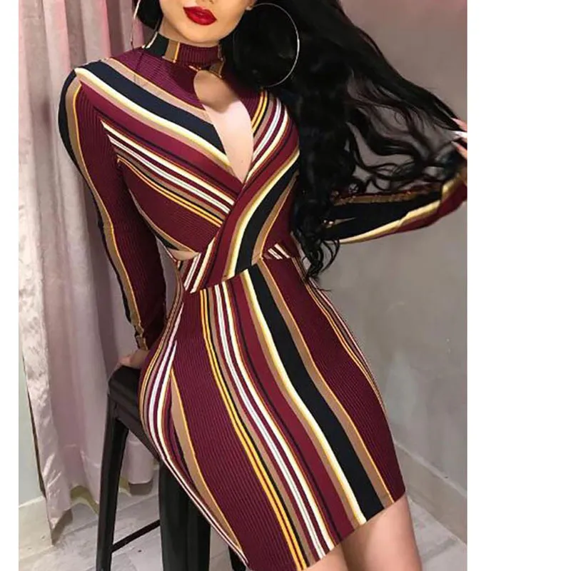 Women Dress Female Sexy Bodycon Party Elegant Ladies Slim Fit Breast Open Halter Bag Hip Mini Striped Evening Clubwear Clothing 210522