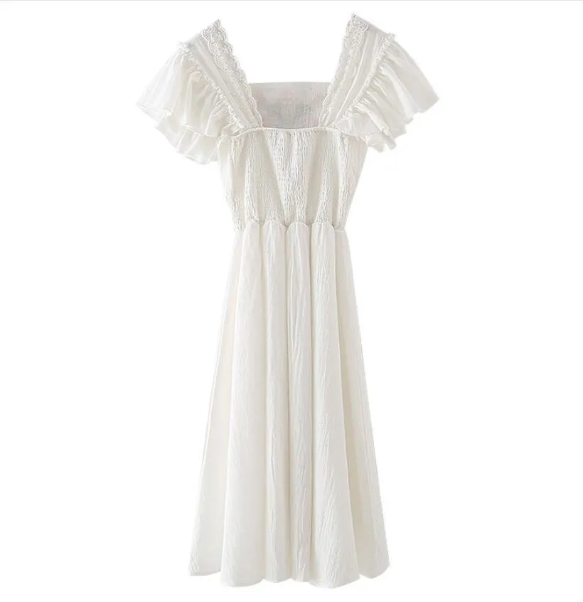 Ethnic Lace Spliced Flower Embroidery White Dress Holiday Elastic Waist Wood ears Ruffles Short Sleeve Midi Women 210429