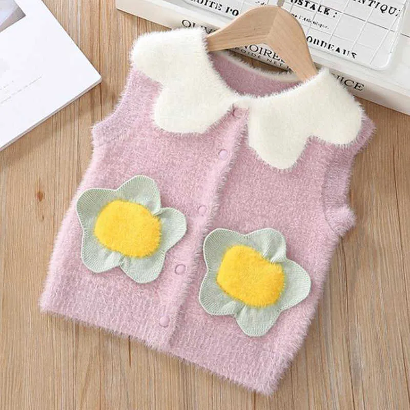 Filles Gilet Pull Mignon Doux Fleur Dentelle Col En V Enfants Bébé Enfants Gilet Sans Manches 210611