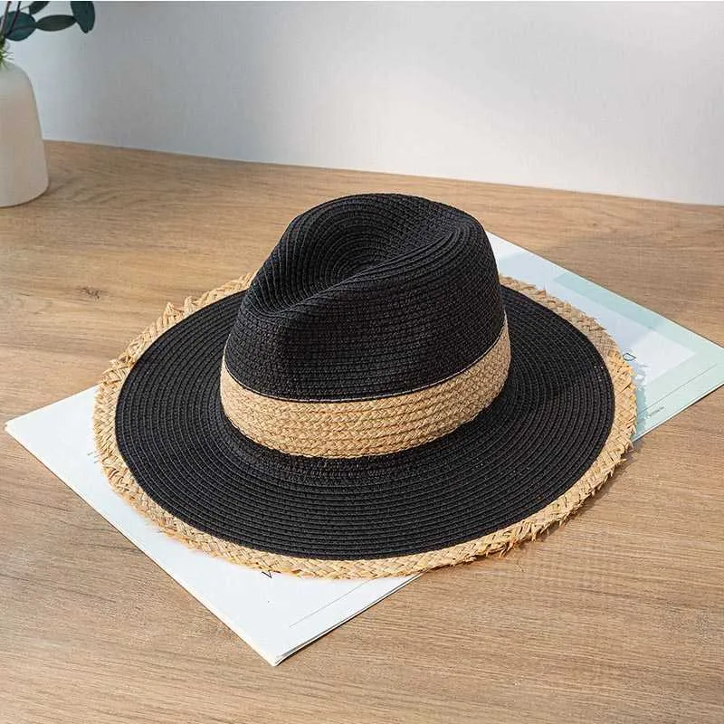 Retro Color Matching Fringed Ladies Straw Hat Fashion Wide Flat Brim Jazz Top Beach Sun For Summer UV UPF50+ 210531