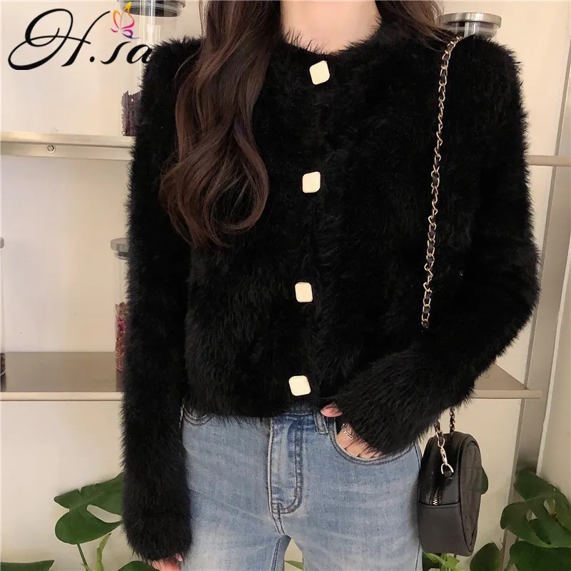 H.SA Women Casual Soft Warm White Cardigans Long Sleeve Tops ropa mujer Black Mohair Sweater Coat 210417