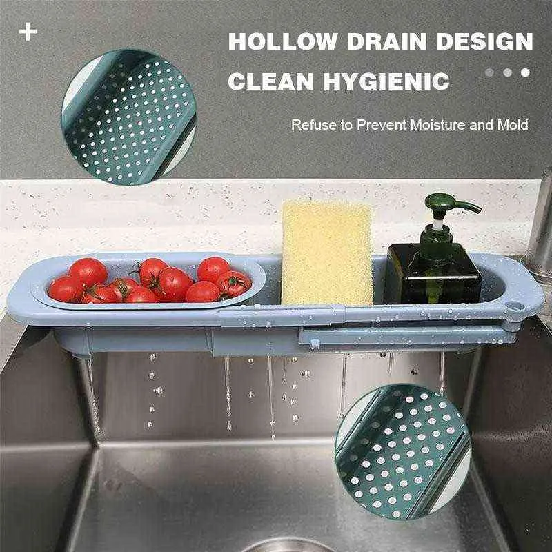 Telescopic Sink Rack Storage Holder Tray Home Kitchen Organizer Sponge Soap Adjustable Drainer Basket with Towel Bar 211112