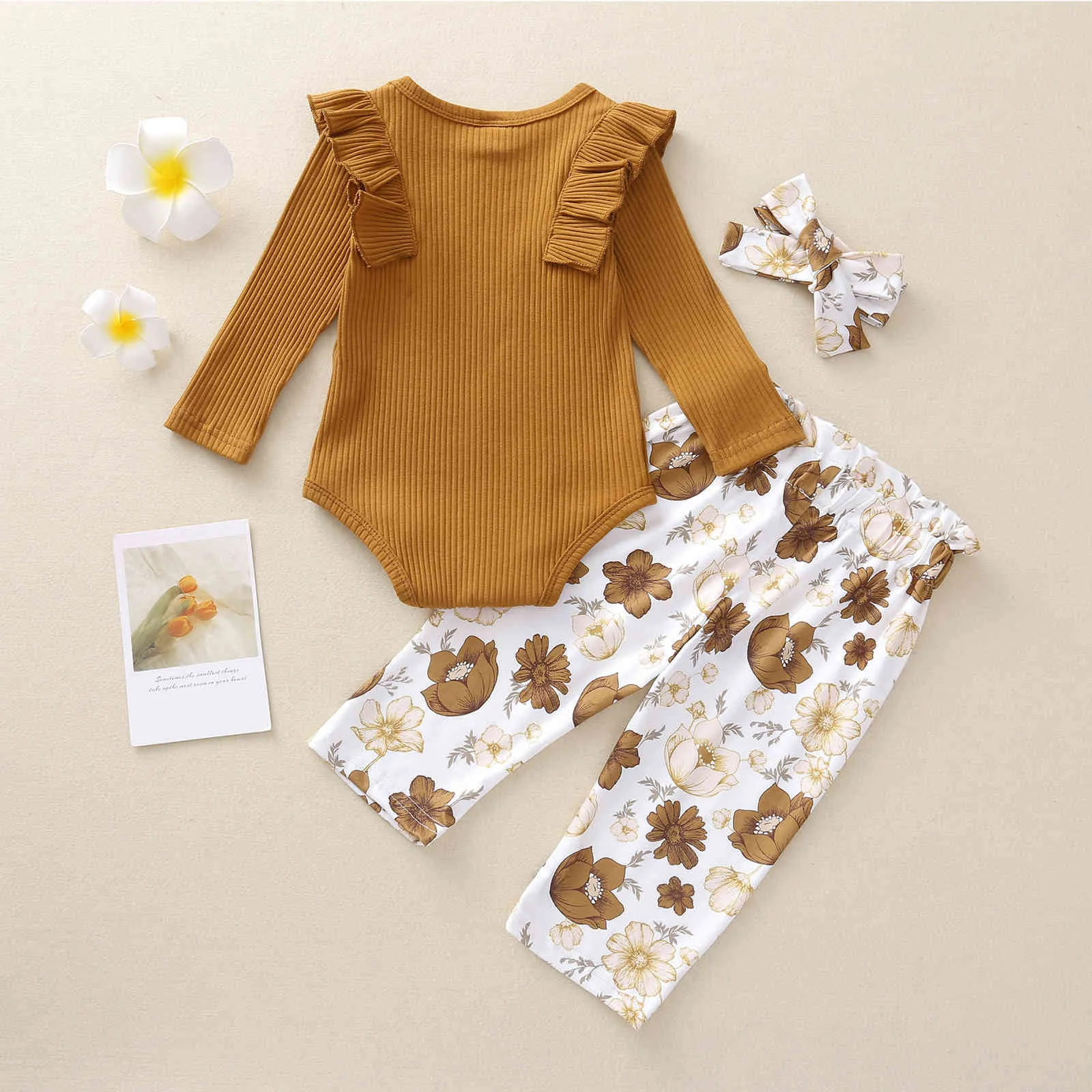 0-24m lente herfst geboren baby baby meisje bloem kleding set gebreide lange mouw romper ruches bloemen broek outfits 210515