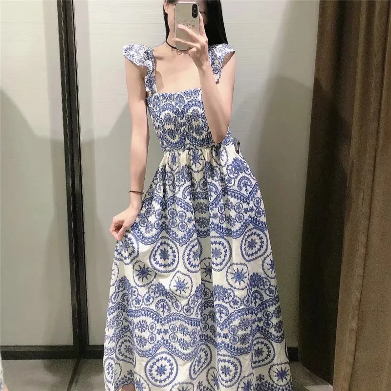 Summer Long Dress Women Blue Embroidery Cut Out Midi Woman Vintage Ruffle Straps Backless Boho Casual es 210519
