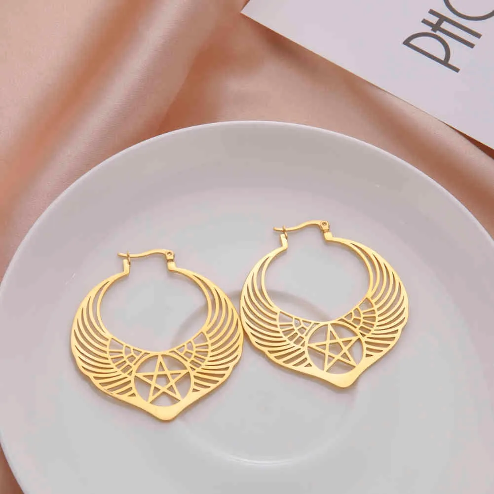 Teamer pentagramme ailes d'archange boucles d'oreilles en acier inoxydable pour femmes filles Vintage Wicca bijoux accessoires cadeaux 3527888