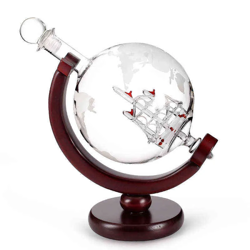 Whiskey Decanter Globe Wine Glass Set Sailboat Skull Inside Crystal Whisky Carafe with Fine Wood Stand Liquor Decanter for Vodka Y259Y