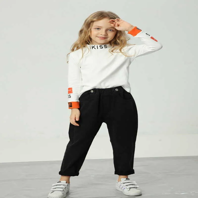 Wholesale Spring Teenagers Girls Sweatshirts Long Sleeves Turtleneck Collar Letter Print Cotton Children Clothes E1357 210610