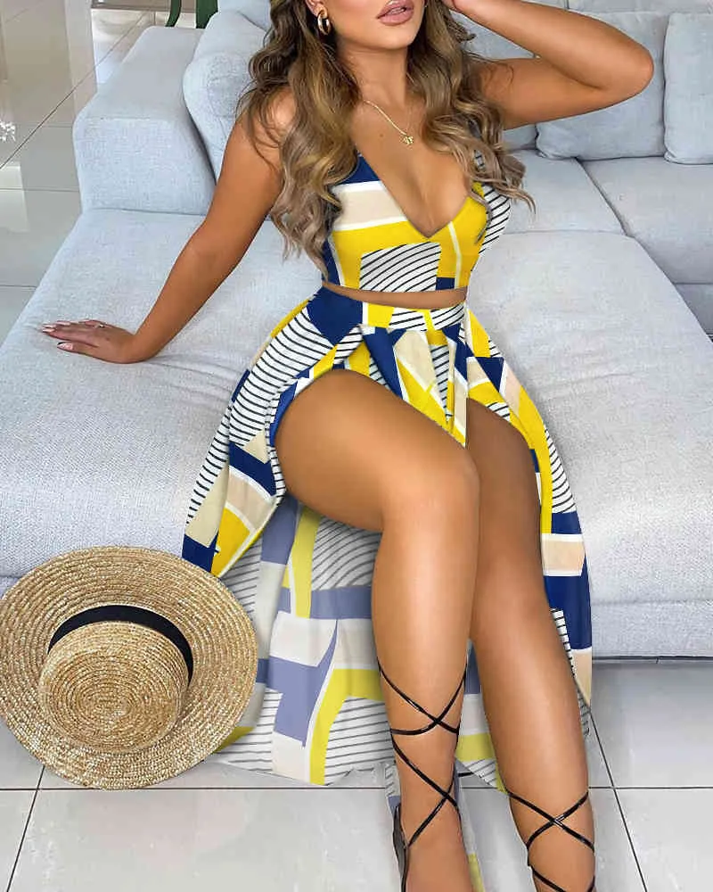 Summer Women Crop Top Maxi Skirt Set New Sexy Colorblock Femme Gilet senza maniche Geo Pattern Abiti con spacco alto 210415