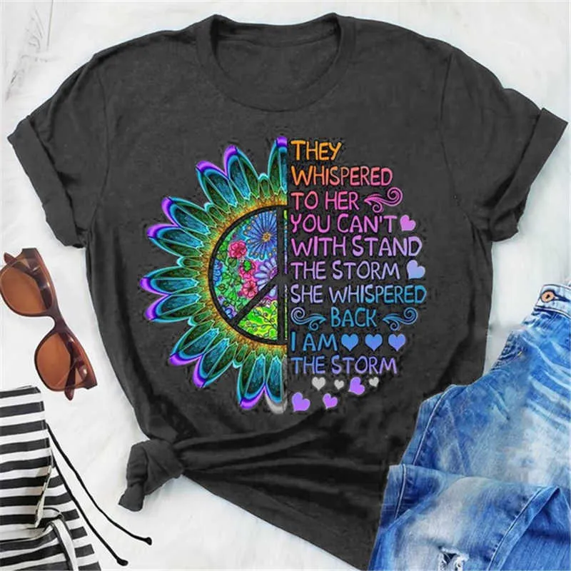 Tshirt Women I Am The Storm Letter Print Graphic Tee Unique Streetwear Stylish Top Female Clothes Designer Aethetic Floral Shirt X0628