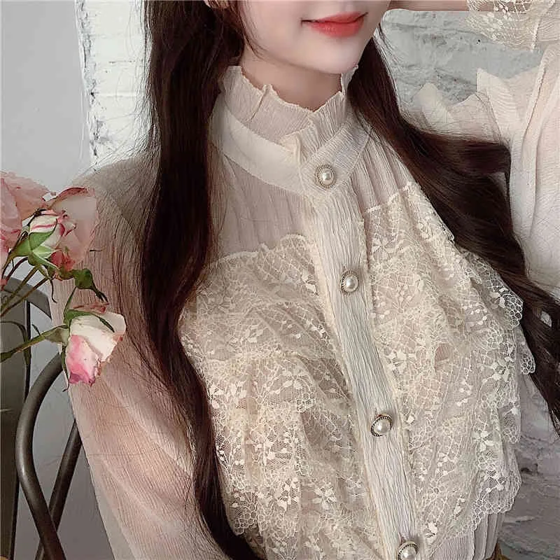 Koreański warstwowy koronki ruffled patchwork bluzka kobiety wiosna słodki stojak kołnierz szyfonowa koszulka rozszerzona rękaw przyciski TOP 13298 210508  t