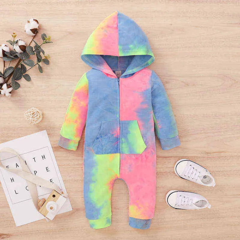 2020 0-18m Spädbarn Baby Boy Girl Tie-Dye Tryckt Romper Långärmad Zipper Hoodies Jumpsuit Höst Varm Romper Outfit G1221