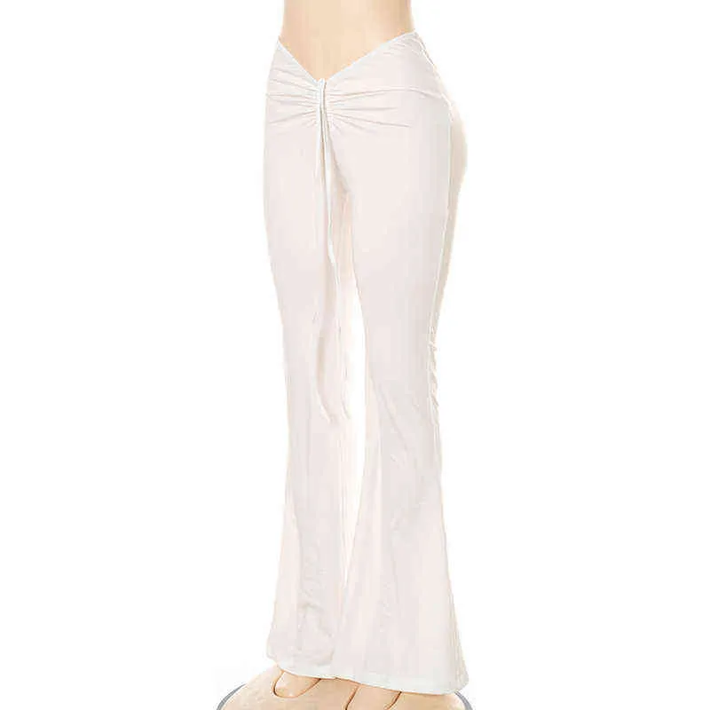 Femmes Slim Flare Pantalon Taille Basse Cordon Ruché Jambe Large Pantalon Blanc 2021 Mode Été Joggers Pantalon De Survêtement Nouveau Y211115