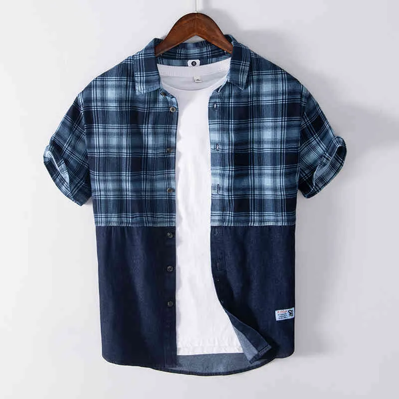 Cowboy Patchwork Short Sleeve Shirt for Men 100% Cotton Plaid Fashion Casual Denim Shirt Summer New Stitching Clothing 210421