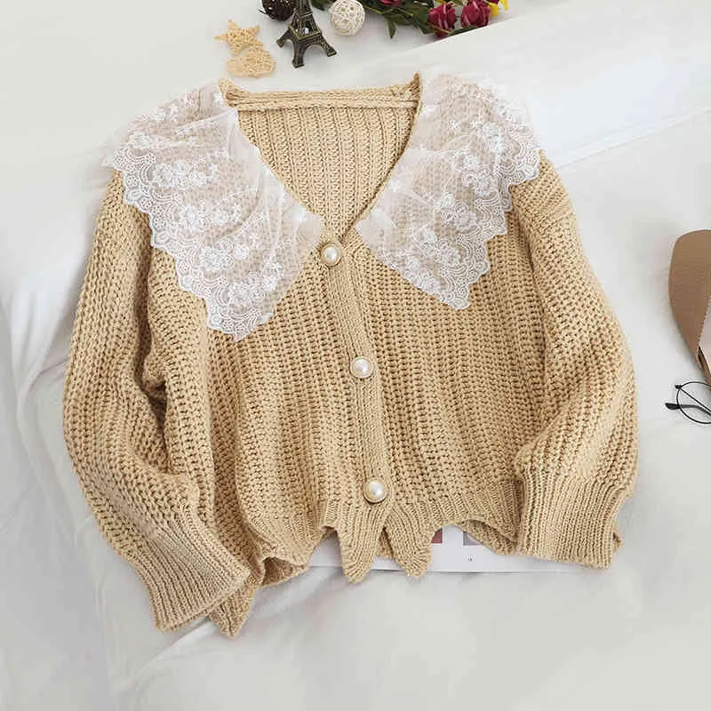 Korobov Sweater Coat Female Lace Stitching Lotus Leaf Collar Fake Two Pieces Loose Sweet Wave College Style Cardigan Knitted Top 210430