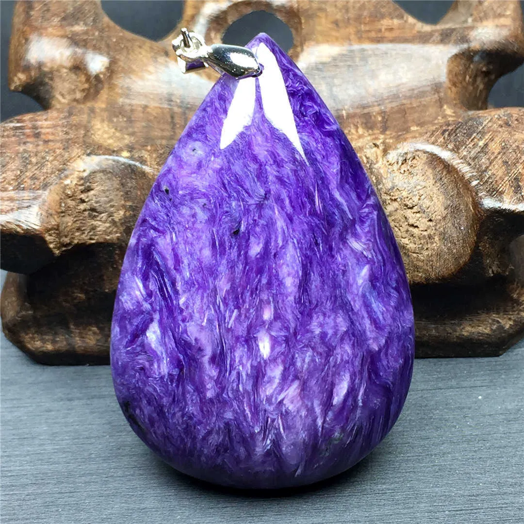 Gioielli ciondolo in cristallo di charoite viola naturale donna uomo Russia regalo di guarigione pietra argento 50X33X11mm perline pietra preziosa AAAAA H1015