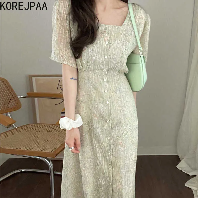 Korejpaa Kvinnor Klänning Korea Elegant Temperament Square Collar Fold Texture Lace Midja Single-Breasted Short-Sleeved Vestido 210526