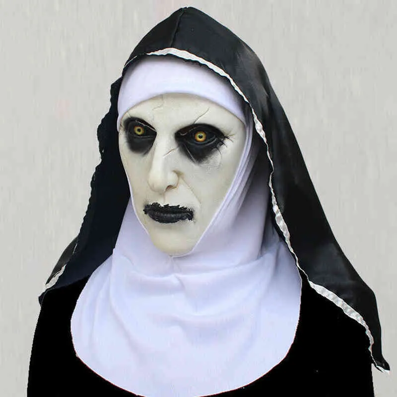 Lisheng Go Nun Horror Mask Party The Conuring Valak Scary Latex Masks med huvudduk för Halloween kostym