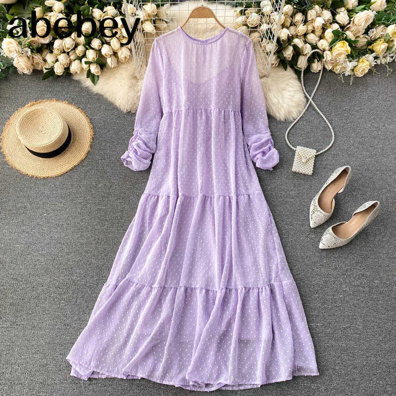 Fashion Folds Long-sleeved Sweet Dot Chiffon Solid Color Holiday Long Dress Women Elegant Clothes Vestidos De Mujer 210715