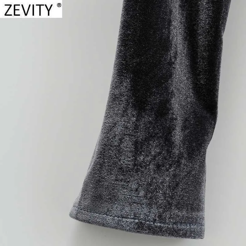 Zevity Women Vintage V Neck Fliss Solid Velvet Mini Dress Femme Retro Długim Rękawem Casual Vestido Chic Dresses DS4804 210603