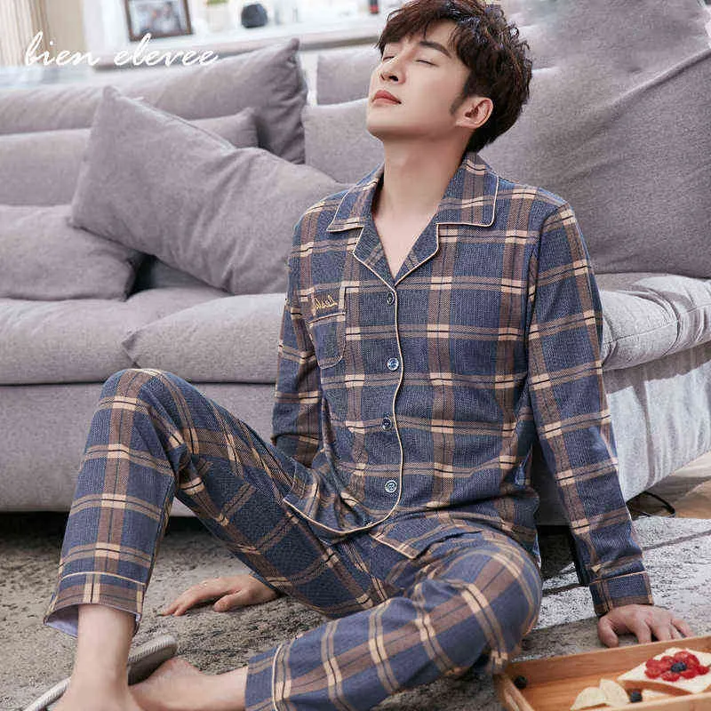 Mens Pajama Sets Home Suit Modern Style Man Sleepwear Lounge Sleeping Wear Tops + Pants Plaid Long Sleeve PJ Set 211111