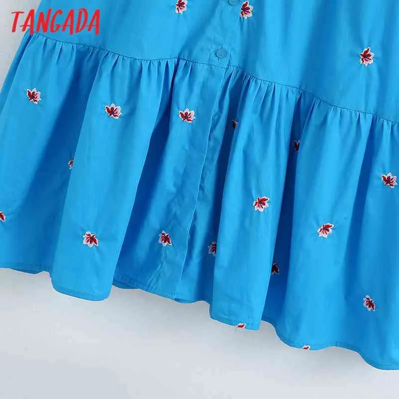 Femmes broderie florale bleu robe mi-longue Vintage manches bouffantes femme robes décontractées Vestidos BE841 210416