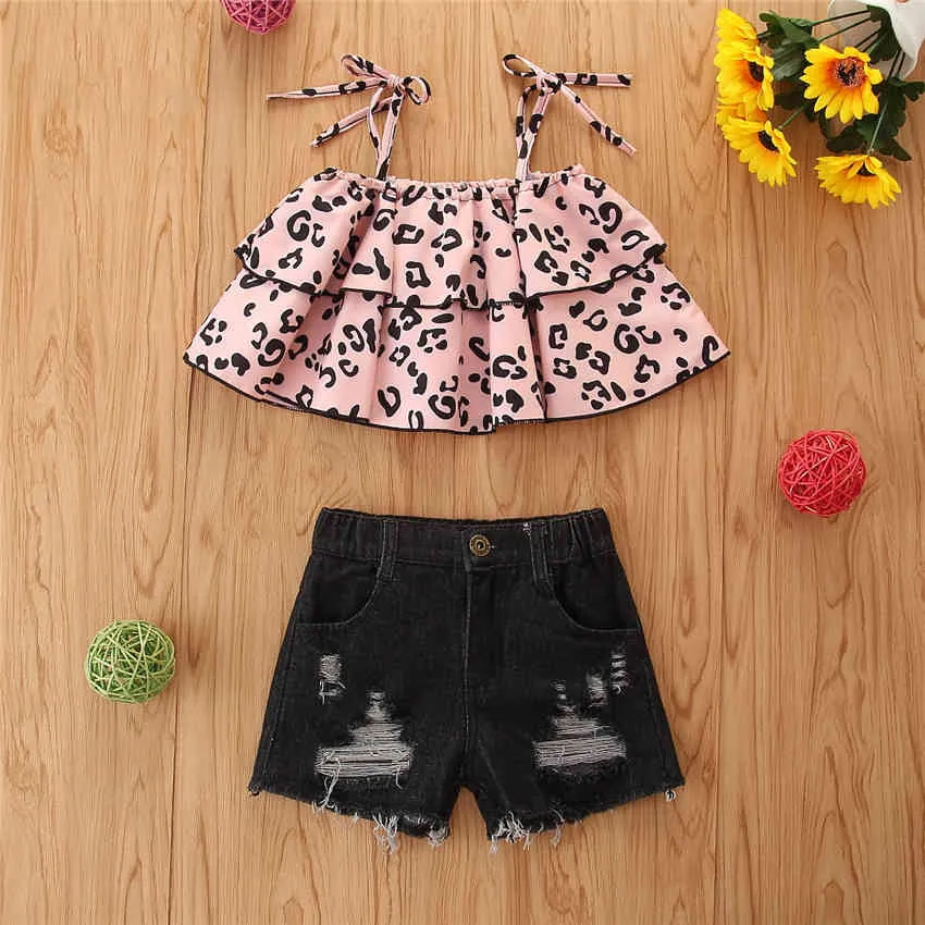 Tjejkläder Sats Sommar Ärmlös Leopard Sling Toppar Denim Shorts Casual Outfit Fashion Barn set 210515