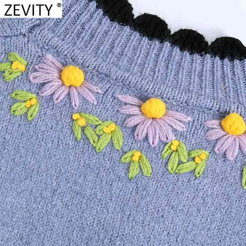 Mulheres Moda Lace Crochet Flor Appliques Casual Tricô Sweater Femme Chic Manga Longa Bordado Tops S575 210420