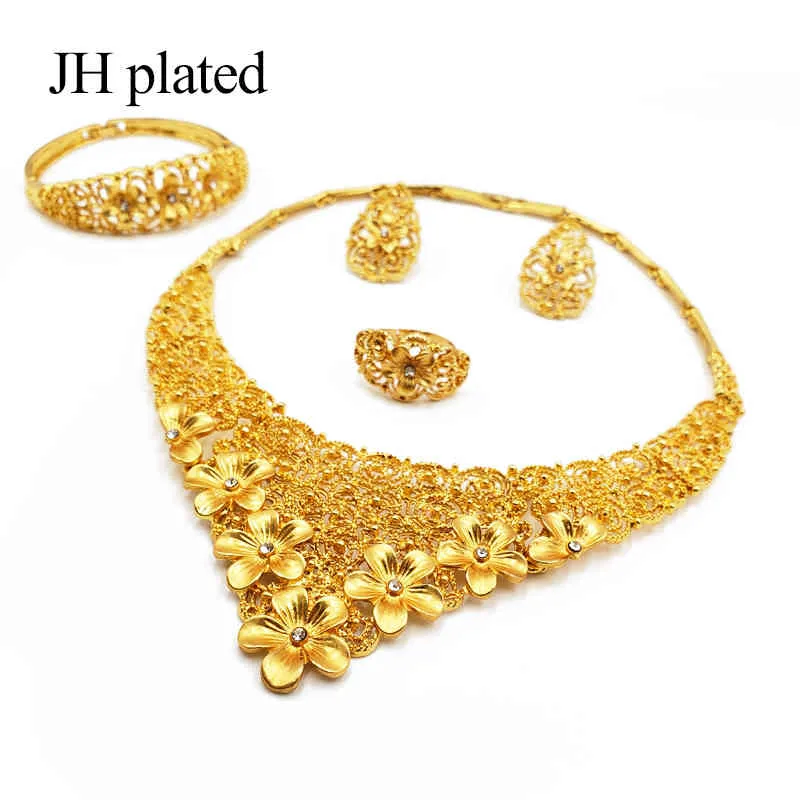 Dubai Gold Schmuck setzt afrikanische Brauthochzeitsgeschenke für Frauen Saudi -Arabische Halskette Armband Ohrring Ring Set Collares Jewellery3794336
