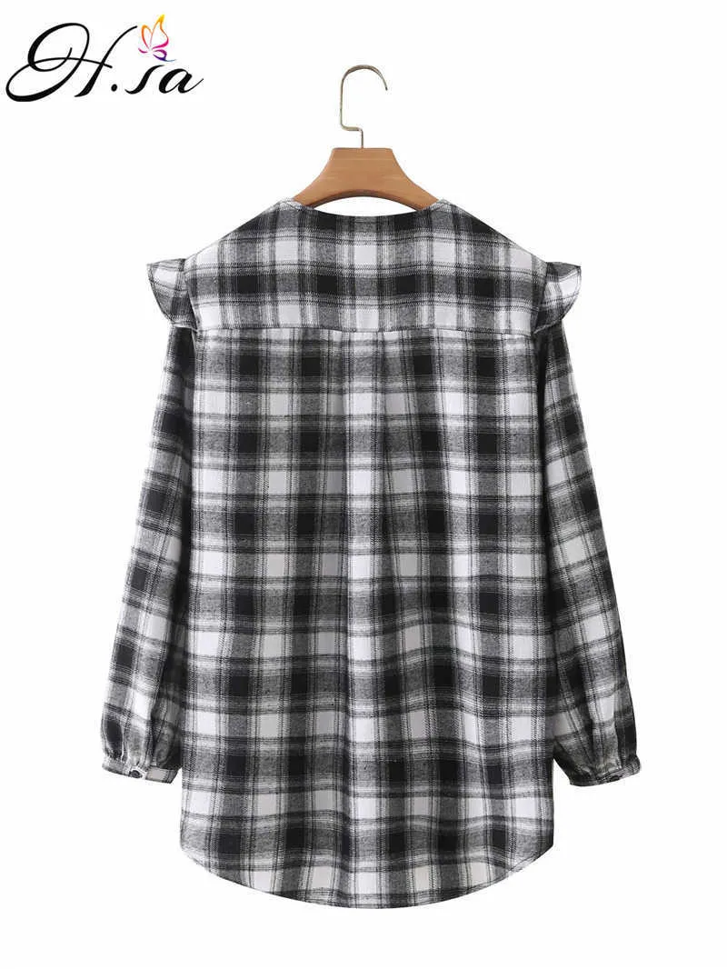HSA Women Ruffles Blouse Kawaii Collar Black and Whith Plaid Long Sleeve Cotton Button Up Chick Streetwear Top 210716