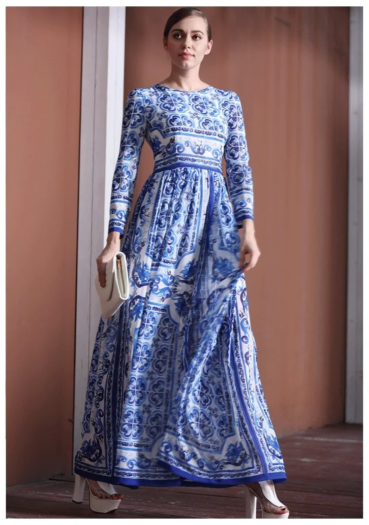Mody Designer Runway Sukienka Wiosna Jesień Kobiety Sukienka Z Długim Rękawem Klasyczny Niebieski i Biały Porcelanowy Drukuj sukienki 210524