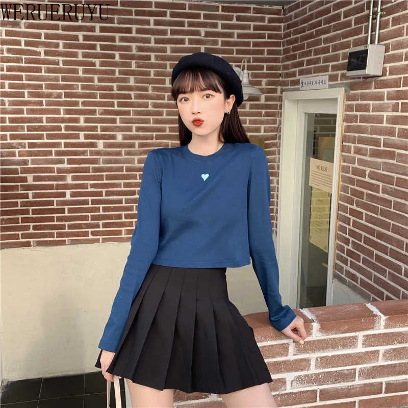Werueruyu estilo coreano o-pescoço curto mulheres fina moda manga longa colheita top 210608