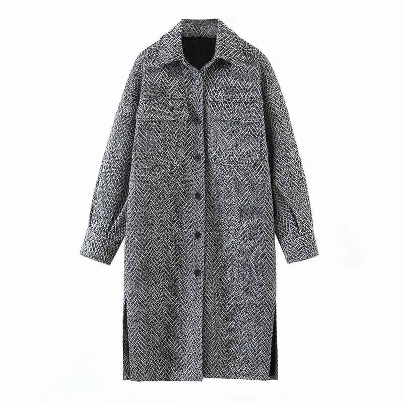 Eleganta kvinnor Woolen Grey Overcoat Fashion Ladies Vintage Pocket Long Coat Streetwear Kvinna Kausal OuterCoat Girl Chic 210427