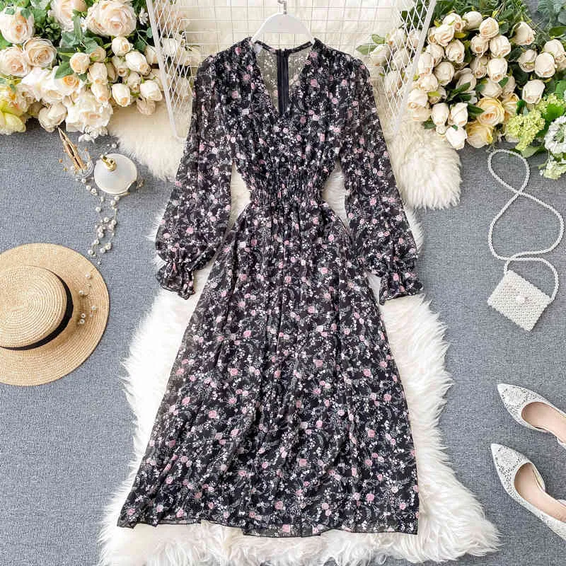 Robe de fée à imprimé floral à col en V pour femmes, manches longues bouffantes, taille haute, ligne a, printemps élégant, 210430