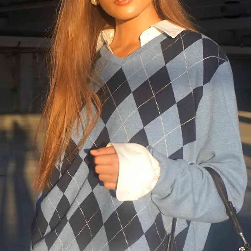 Angleterre Style Argyle Géométrique Chandail Tricoté Femmes Vintage Plaid Automne Chaud À Manches Longues Y2K Pull Tops Hiver Cavaliers 210415