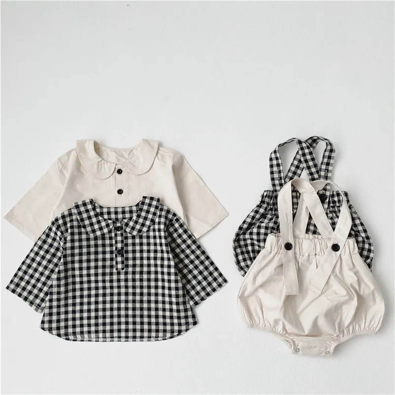 Baby Meisjes Leuke Doll Shirt en Plaid Bodysuit 2 stks Past Baby Katoen All-match Outfits Infant Kinderkleding Sets 210508