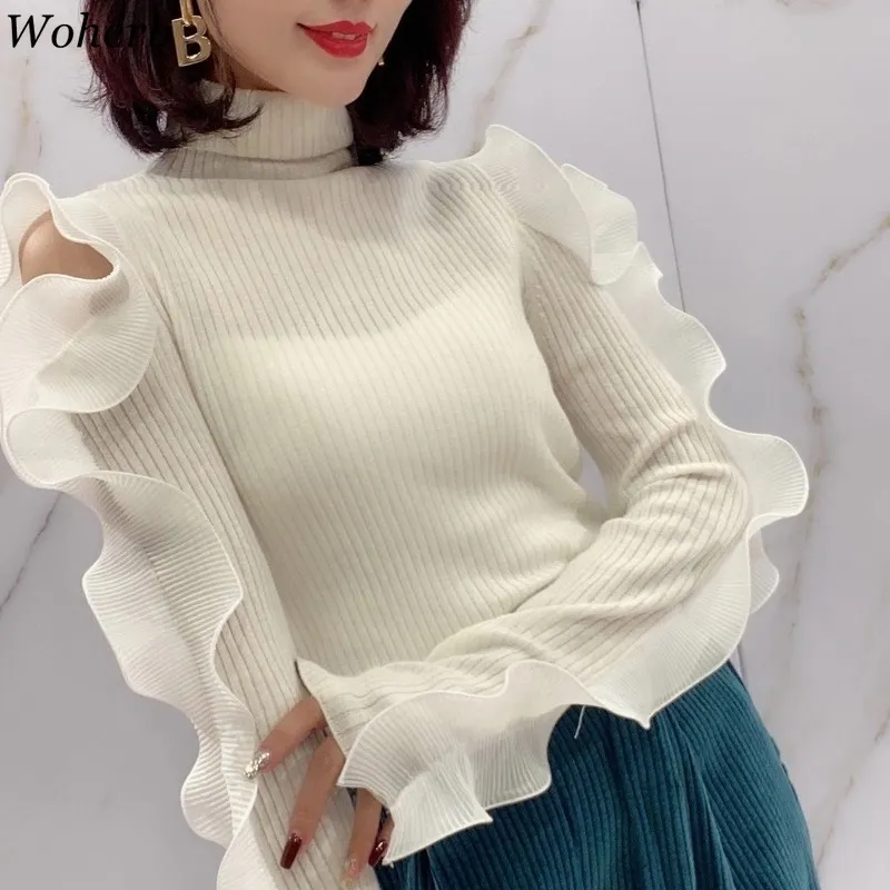 Autunno Abbigliamento donna Dolcevita Scava fuori spalle Pullover in maglia Ruffles Slim Abete Maglioni Jumper Sueter 210422