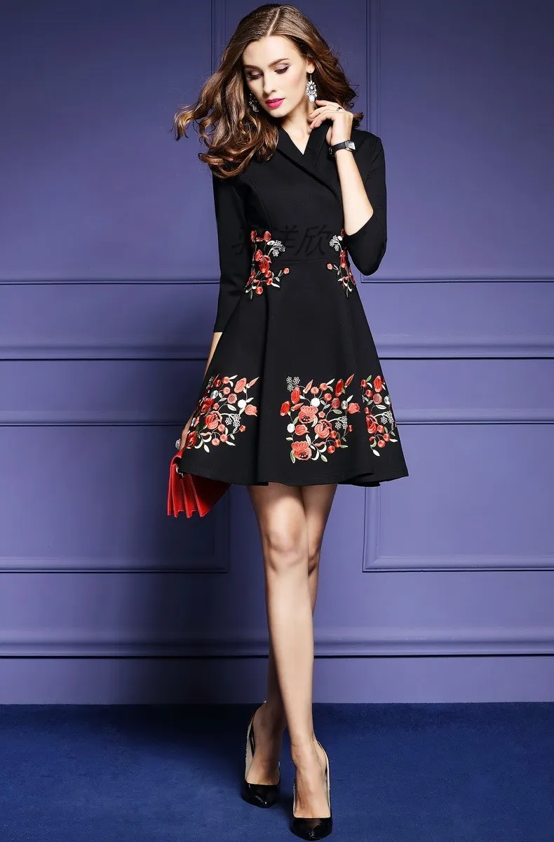 Black or Navy Vintage Self Tie Floral Print Dress Elegant Women Belted Long Sleeve es Fall A Line 210520