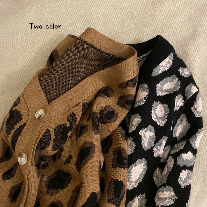 Women Autumn Cardigans Korean V-neck Cardigan Top Leopard Loose Slim Long Sleeve All-match Sweaters Female Tops PL437 210506