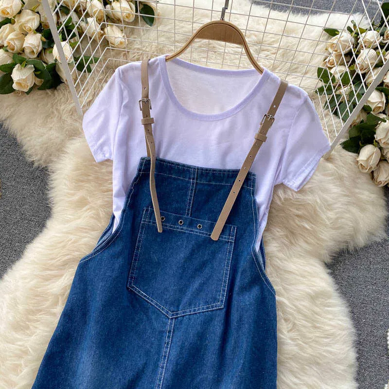 Dat Vrouwen Twee Stuk Set Stiksels Mesh Jarretel Denim Jurk Vrije Tijd Ronde Kraag T-shirt Mode Lente Zomer 11B537 210709