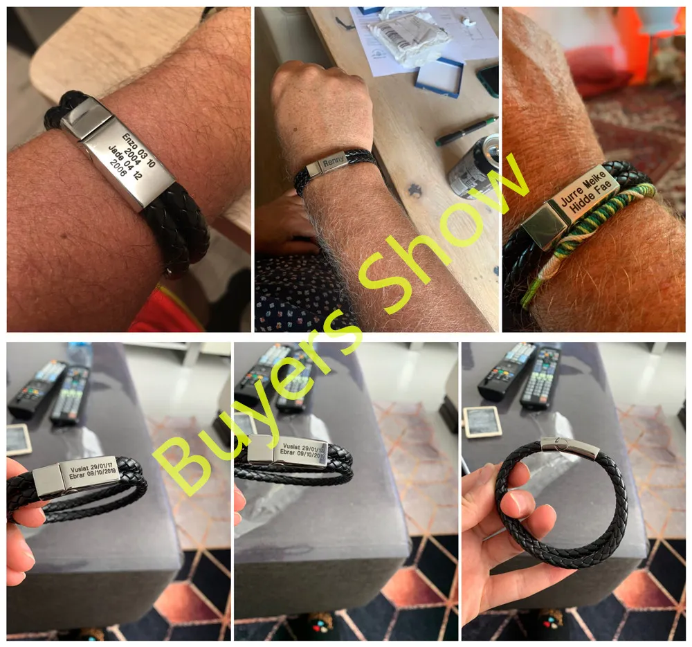 Aço inoxidável pulseiras de travessas magnéticas personalizado personalizado ID de identificação Nome trançado corda de couro genuíno mulheres presentes