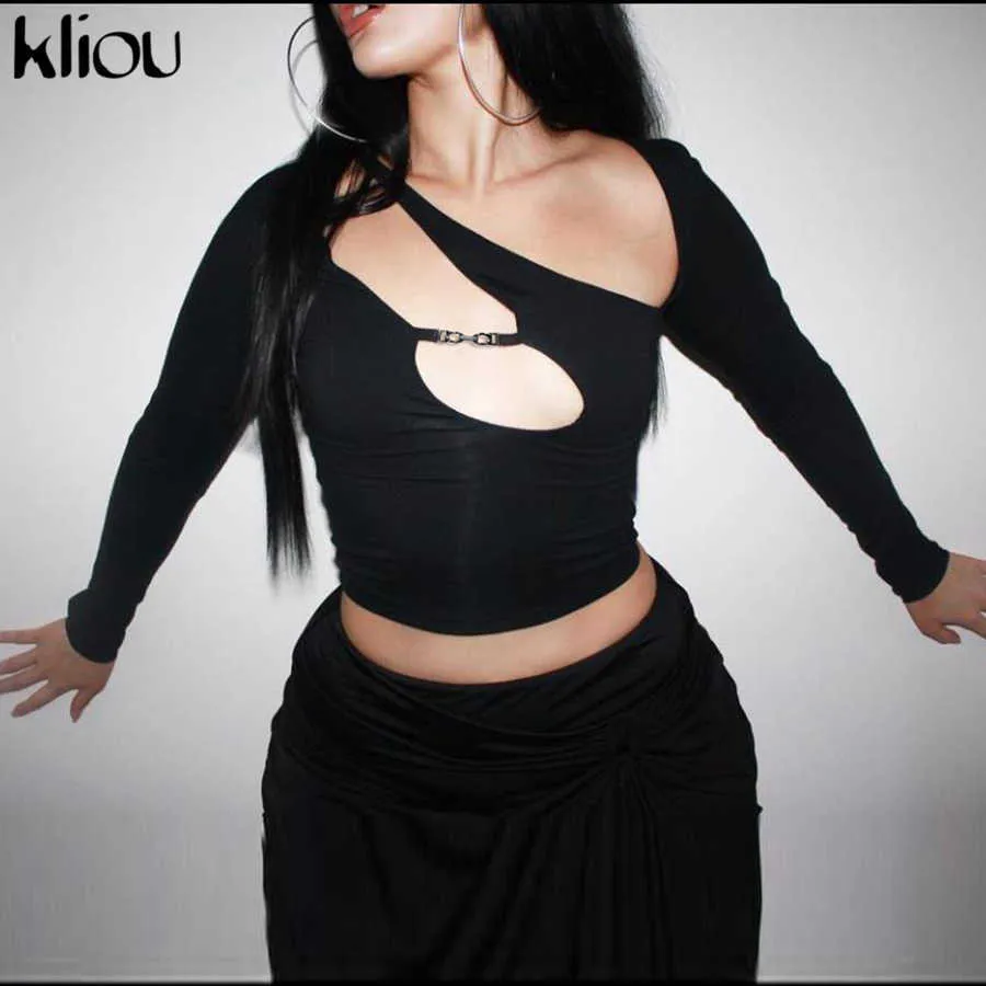 Kliou Scava Fuori Il Collare Obliquo Crop Top Donna Solido Sexy Moda Streetwear Slim T-Shirt Attivo Clubwear Aderente Skinny Tees X0628