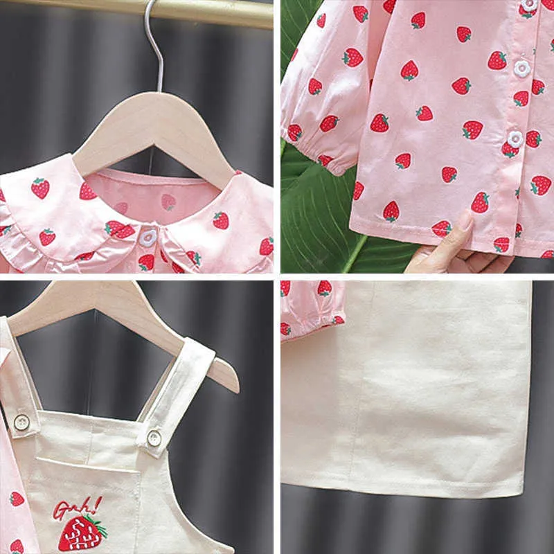 Bear Leader born Baby Girls Clothing Sets Spring Fashion Infant Strawberry Blouses Suspender Dress Outfits Princess Clothes 210708