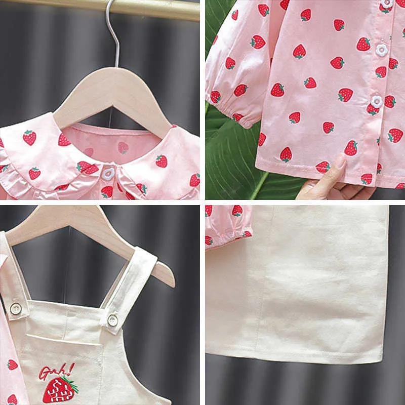 Bear Leader Born Baby Girls Vêtements Ensembles Printemps Mode Infant Strawberry Blouses Robe à bretelles Tenues Princesse Vêtements 210708