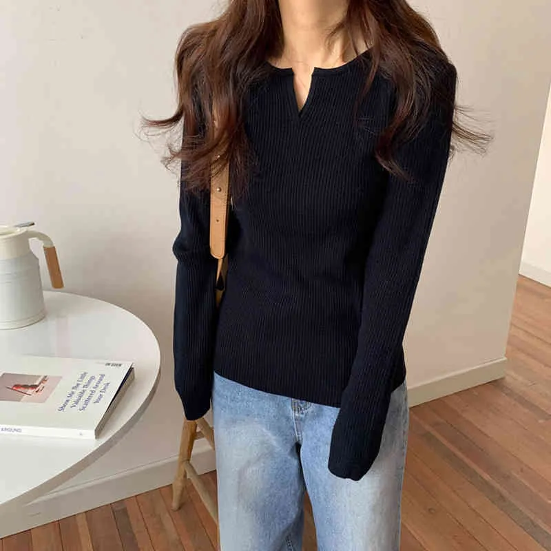 Vintage Solid V-Neck Sweet Causal Clothe Slim All Match Stylish Women Sweater Streetwear Basic Tops 210525