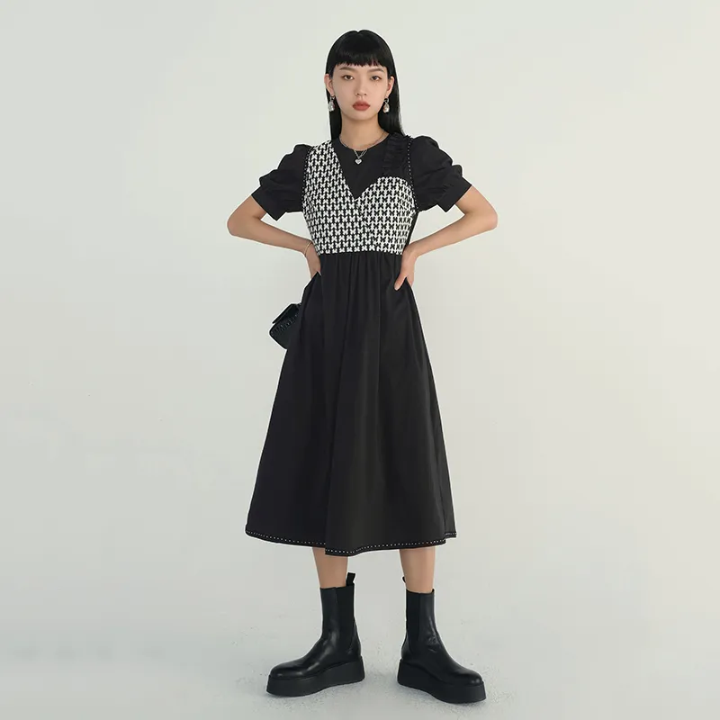 [EAM] Women Contrast Color Jcaquard Midi Dress Round Neck Short Sleeve Loose Fit Fashion Spring Summer 1DD5830 210512