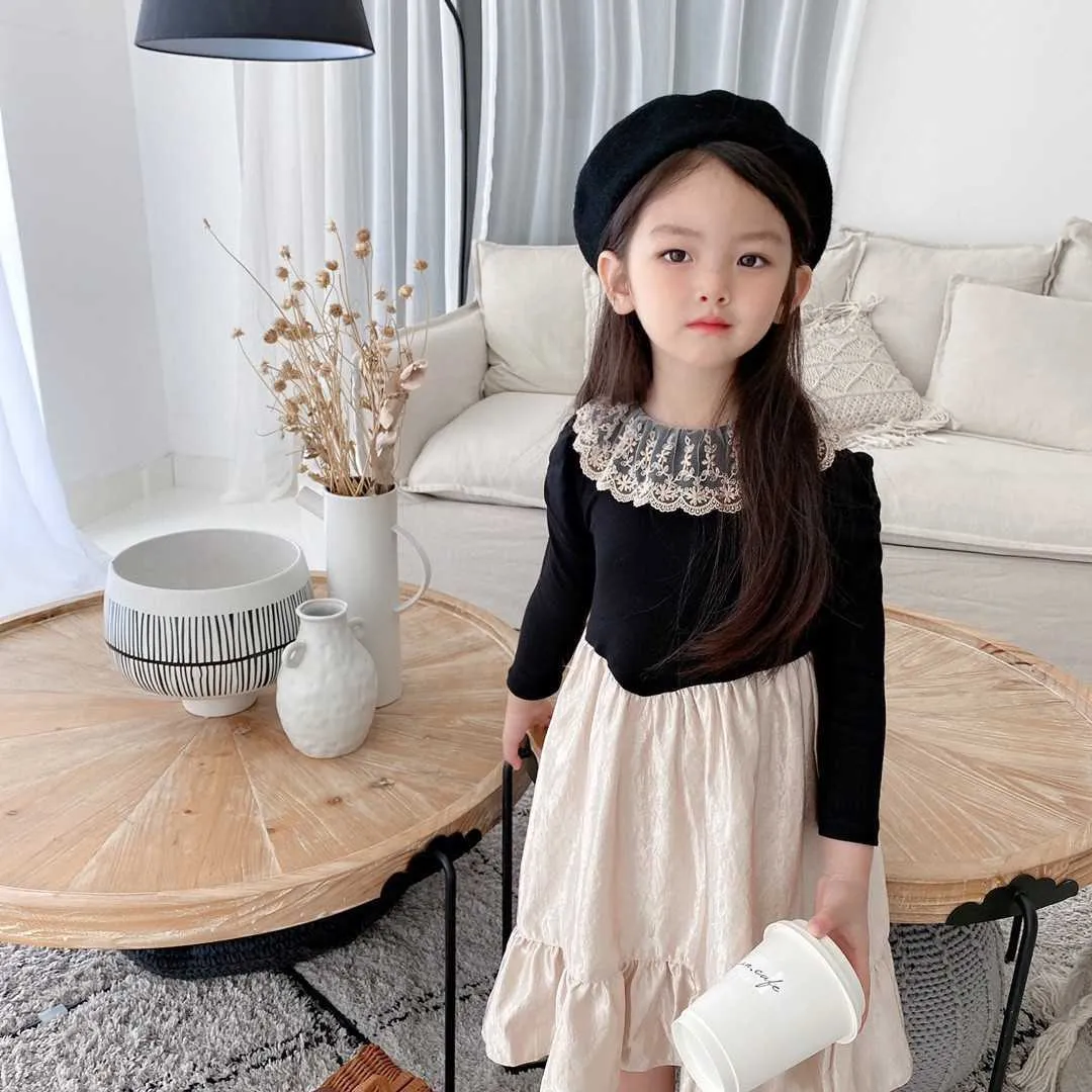 Moda Crianças Preto Lolita Dress Designer Girls Lace Collar Vintage Velvet Spring Roupas 210529