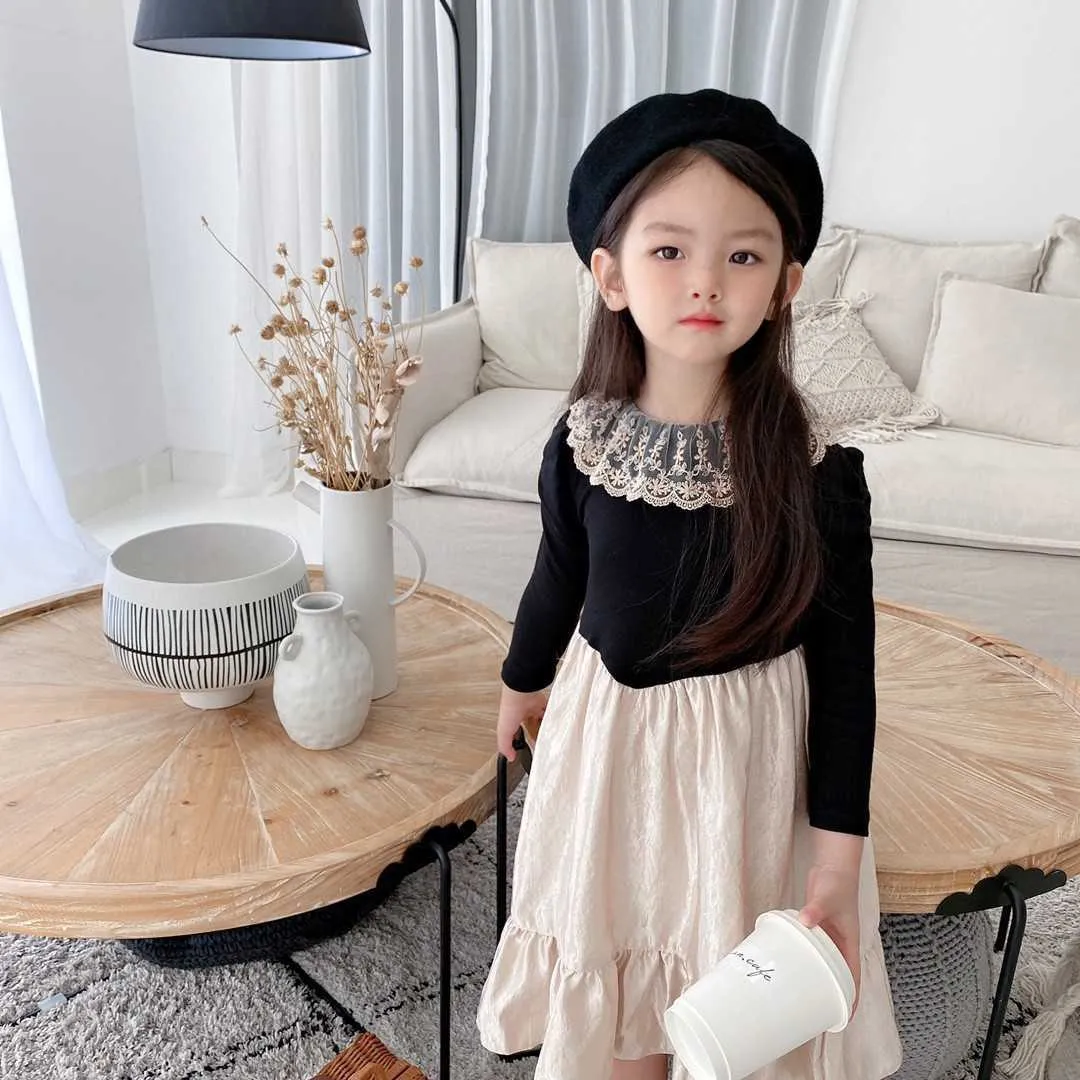 Mode Kids Black Lolita Jurk Designer Meisjes Kant Kraag Vintage Fluwelen Lente Kleding 210529