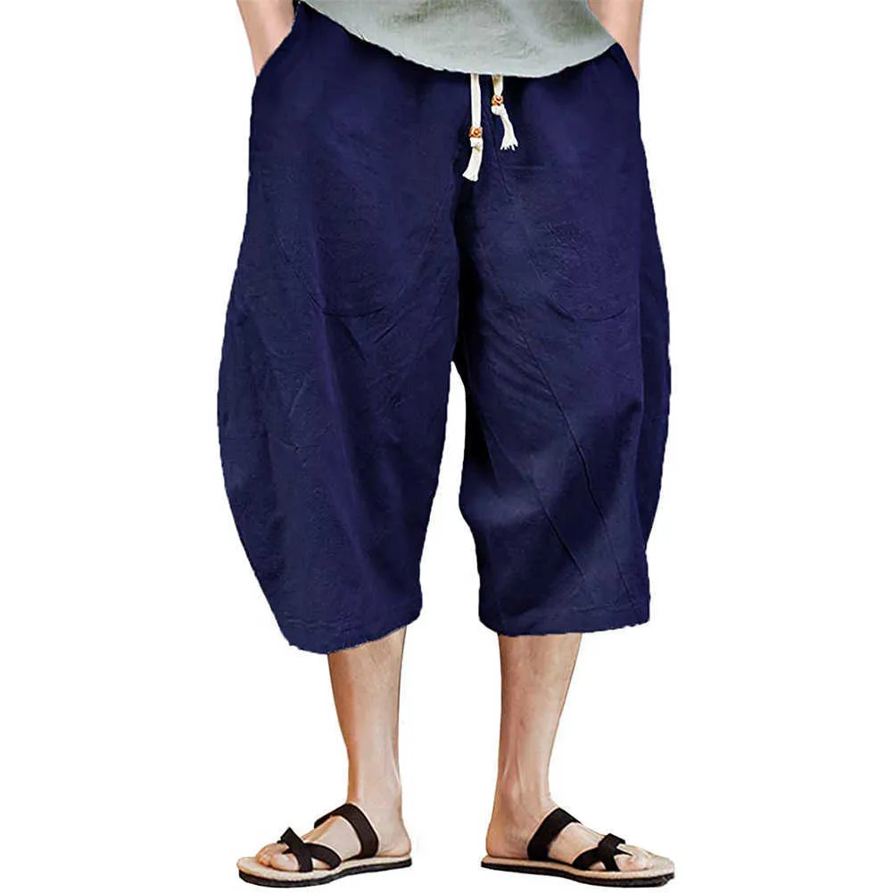 Mäns 3/4 bomull linne shorts baggy lös passform sommar casual lastbyxor capri solid färg mjuk komfort x0705