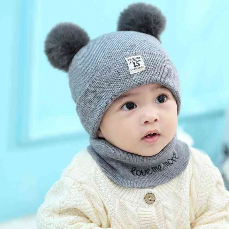 nouveau-né bébé chapeaux enfant en bas âge chapeau écharpe ensemble bonnet d'hiver avec mignon pompon bébé chapeaux chaud bonnet bonnet fit pour 0-24 mois enfants Y21111